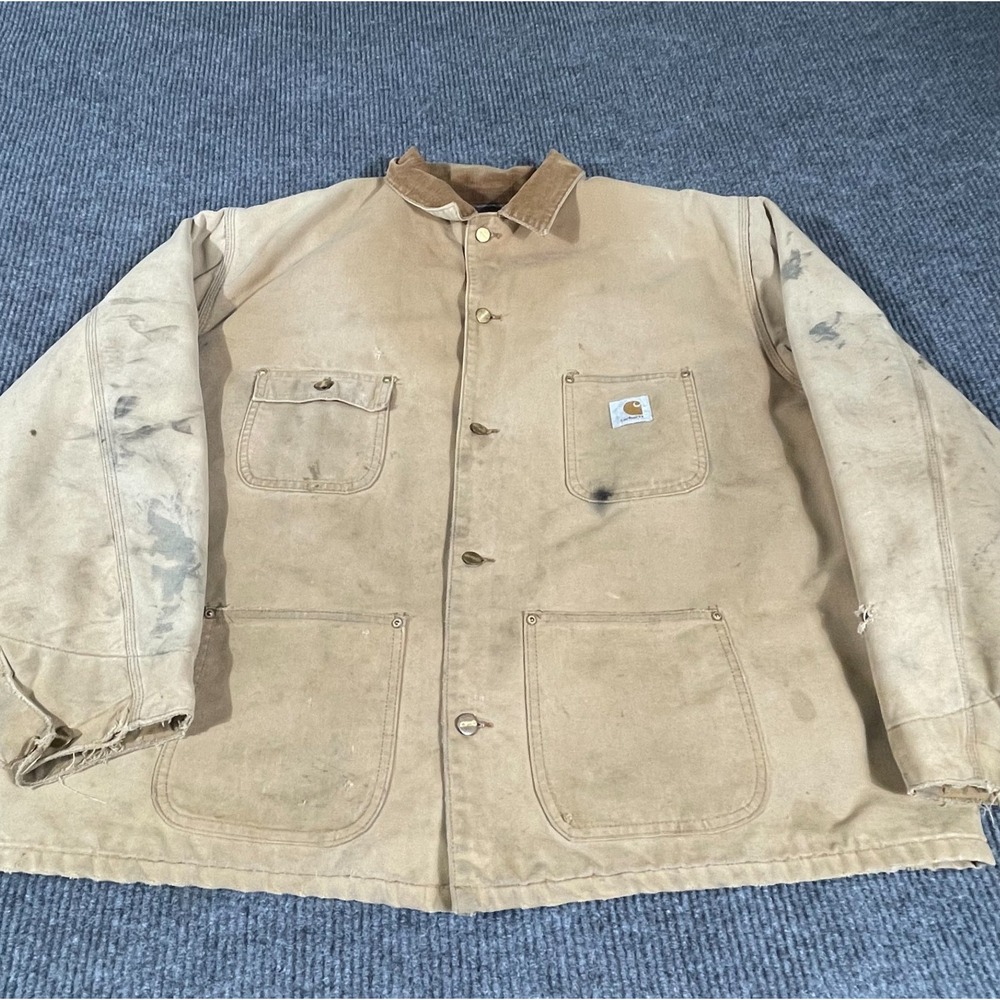 VTG Carhartt Jacket Mens 2XL Beige Carpet Lined Detroit Chore Barn Coat‎ Grunge
